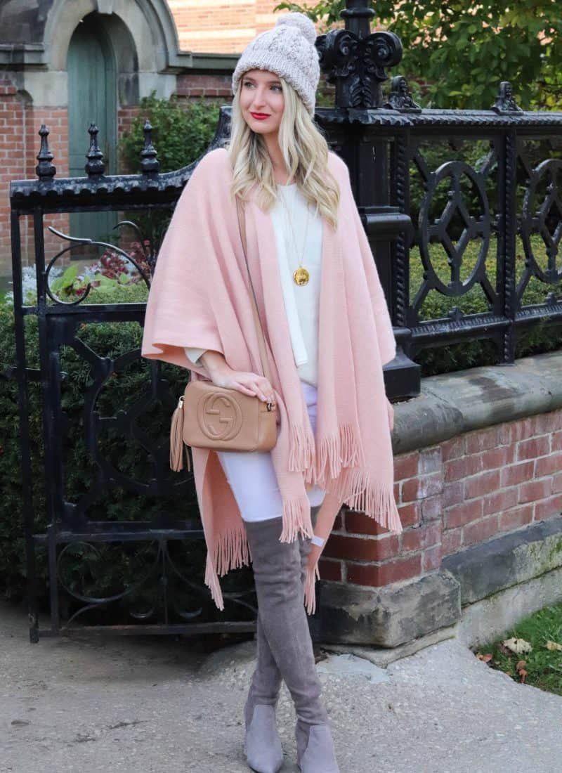 Pink Cape with White Pom Beanie