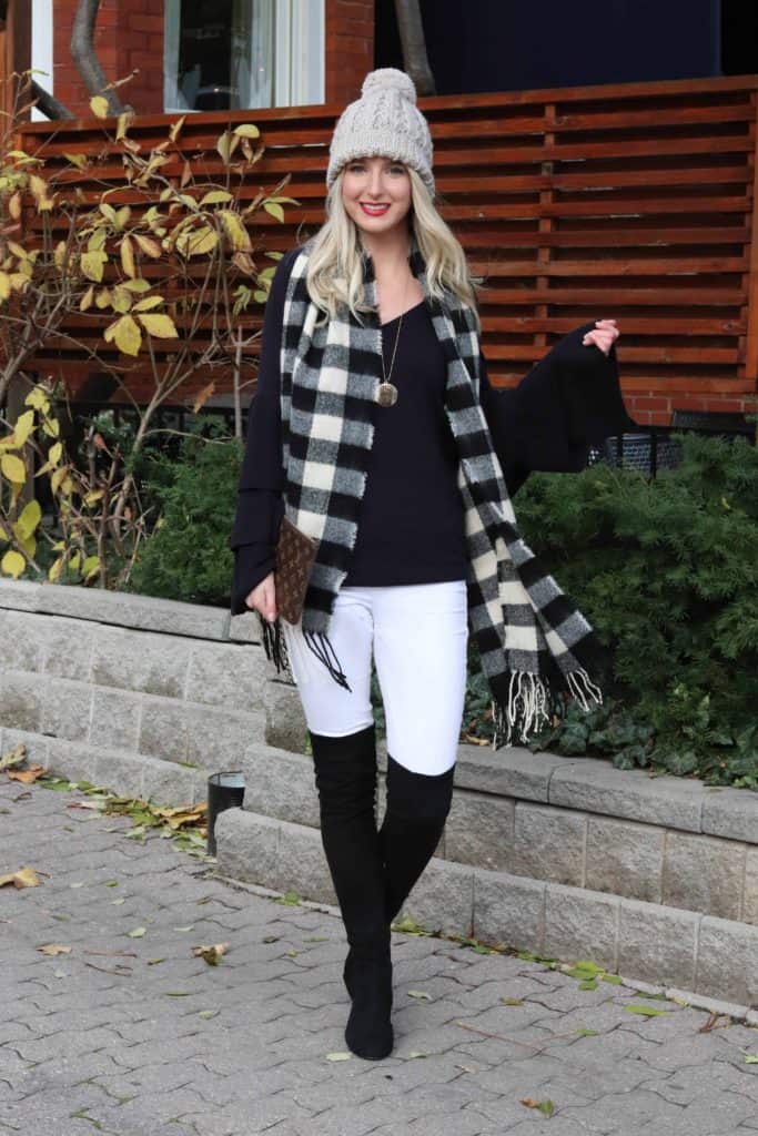 Navy Bell Sleeve top with Check scarf!