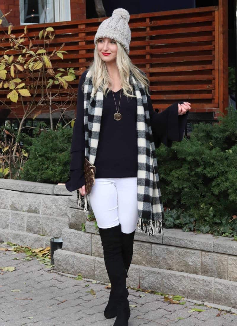 Navy Bell Sleeve top with Check scarf!