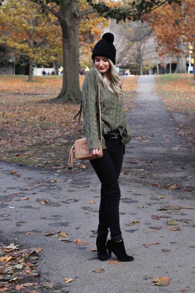 Olive Sweater with Bow ties and black beanie