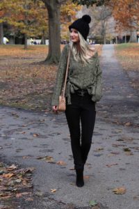 Olive Sweater with Bow ties and black beanie