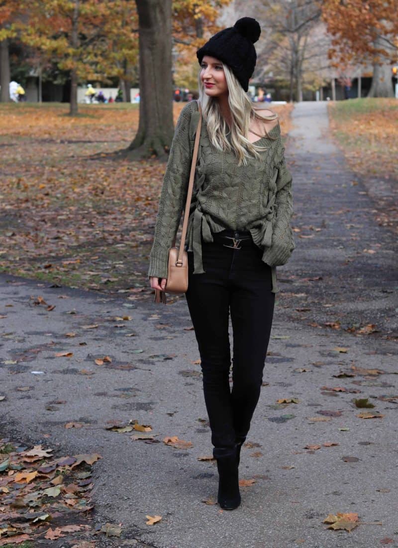 Olive Sweater with Bow ties and black beanie