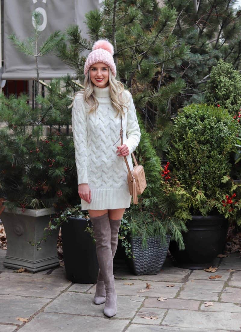 sweater dress and Pom Pom beanie