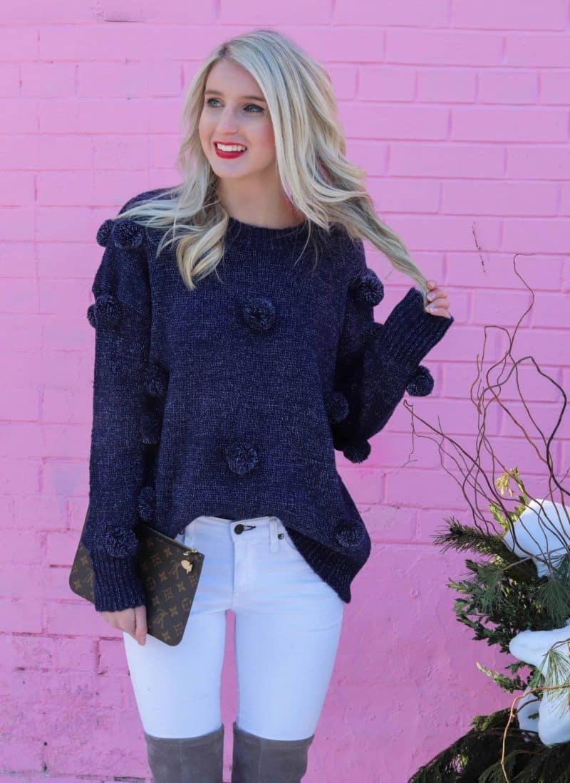 purple pom pom sweater