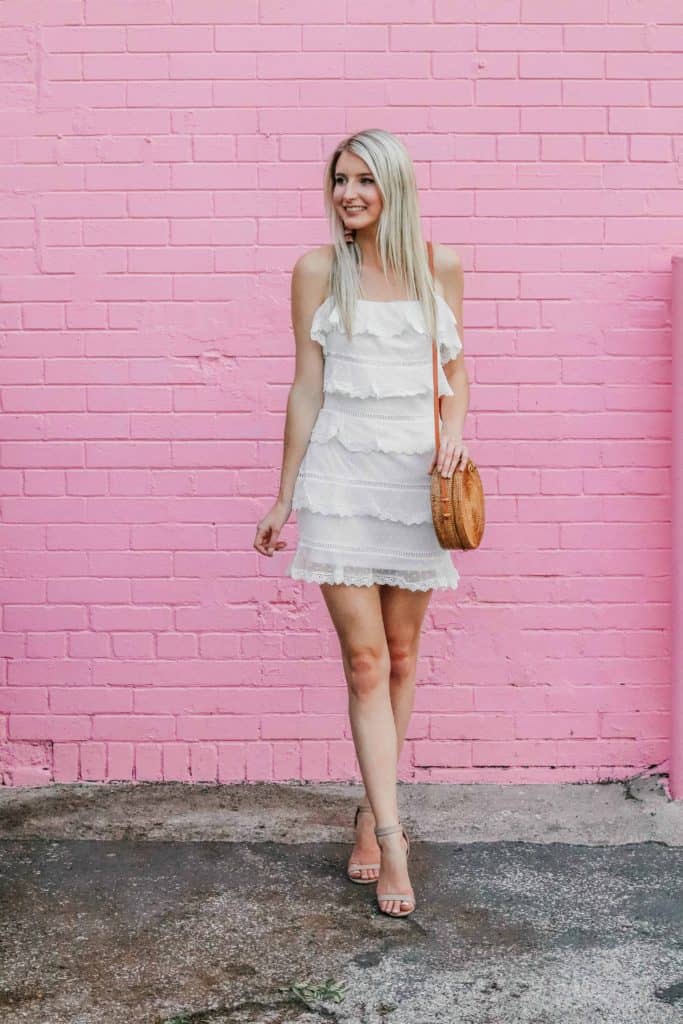 white polka dot ruffle mini dress