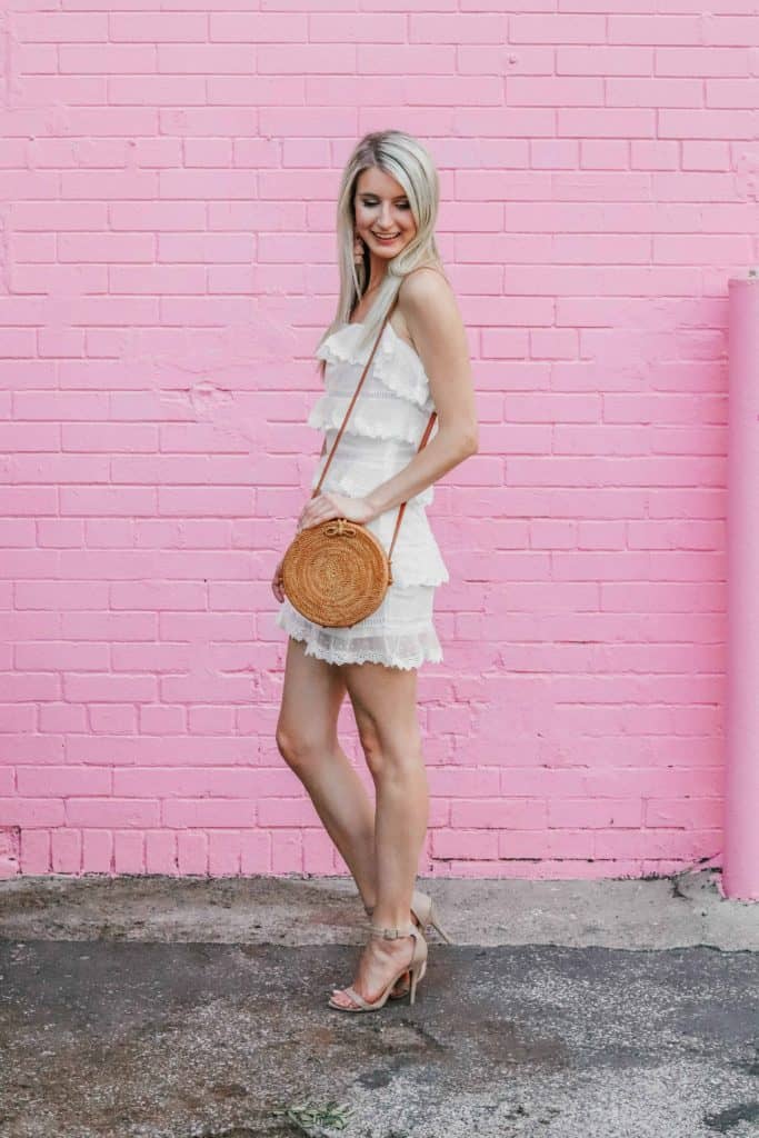 white polka dot ruffle mini dress