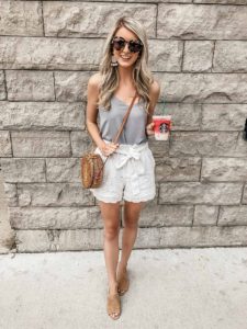 white paperbag shorts with round rattan bag
