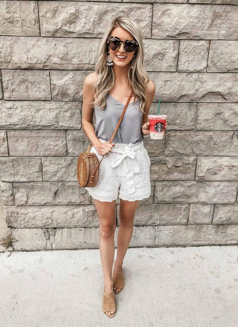 white paperbag shorts with round rattan bag