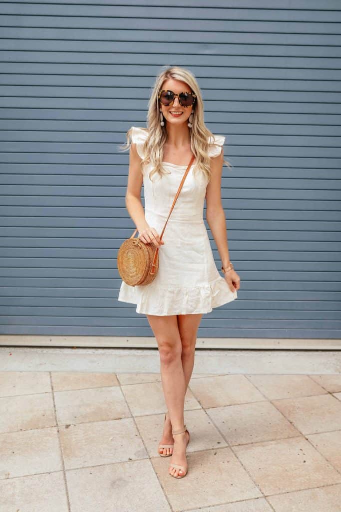 linen dress, linen dresses, linen dress summer, linen dresses for women, linen dress outfit, how to style linen dress, white dress, white dress summer, white dress outfit, round rattan bag, summer outfit, Prada & Pearls, Fashion Blogger