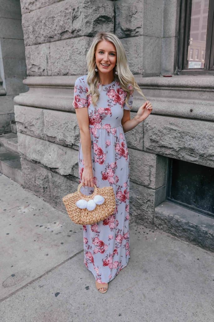 maxi dress, maxi dress outfit, maxi dress summer, floral dress, pom pom rattan bag, floral maxi dress wedding, floral maxi dress, floral maxi dresses summer, Prada & Pearls, fashion blogger, canadian blogger