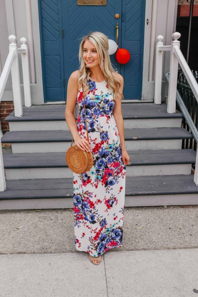 maxi dress, maxi dress outfit, maxi dress summer, floral dress, 4th of july dress, independence day outfit, independence day dress, rattan bag, floral maxi dress wedding, floral maxi dress, floral maxi dresses summer, Prada & Pearls, fashion blogger, canadian blogger