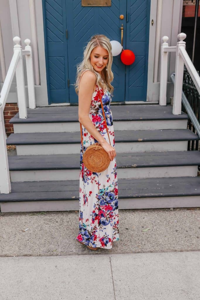 maxi dress, maxi dress outfit, maxi dress summer, floral dress, 4th of july dress, independence day outfit, independence day dress, rattan bag, floral maxi dress wedding, floral maxi dress, floral maxi dresses summer, Prada & Pearls, fashion blogger, canadian blogger