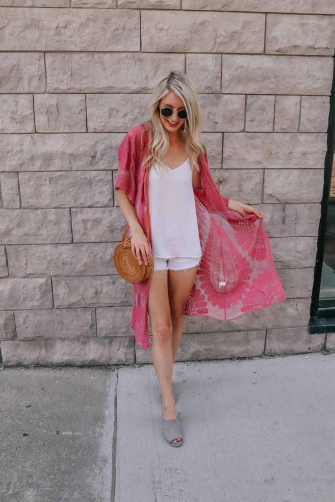 lace kimono, lace cardigan, lace kimono outfit, lace cardigan, lace duster, lace duster outfit, lace duster outfit summer, lace cardigan outfit, round rattan bag, rattan bag, summer outfit, lace cardigan pattern, pink cardigan, pink lace kimono, Prada & Pearls, Fashion blogger 