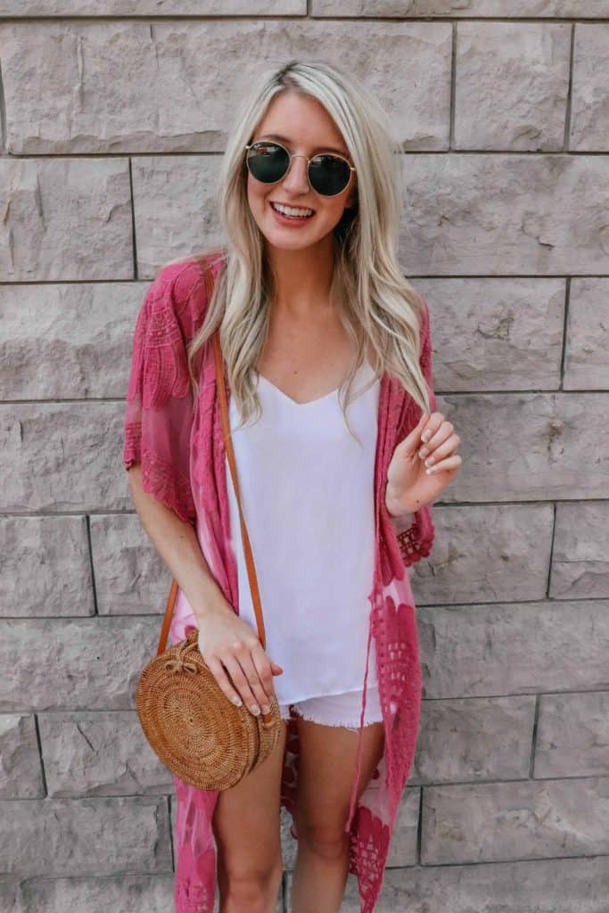 lace kimono, lace cardigan, lace kimono outfit, lace cardigan, lace duster, lace duster outfit, lace duster outfit summer, lace cardigan outfit, round rattan bag, rattan bag, summer outfit, lace cardigan pattern, pink cardigan, pink lace kimono, Prada & Pearls, Fashion blogger 