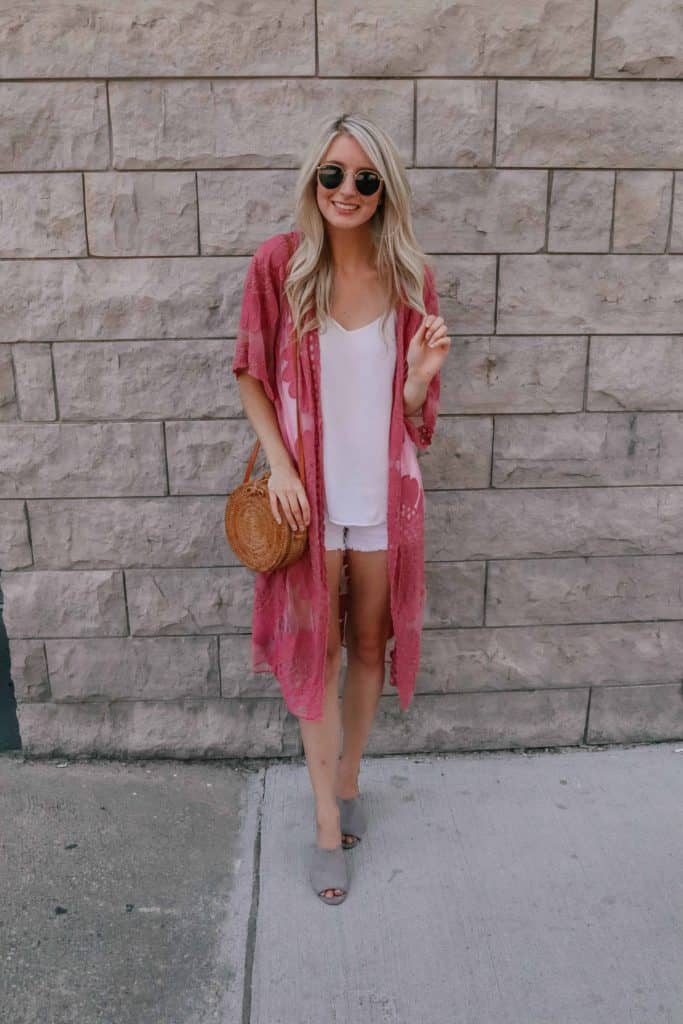 lace kimono, lace cardigan, lace kimono outfit, lace cardigan, lace duster, lace duster outfit, lace duster outfit summer, lace cardigan outfit, round rattan bag, rattan bag, summer outfit, lace cardigan pattern, pink cardigan, pink lace kimono, Prada & Pearls, Fashion blogger 