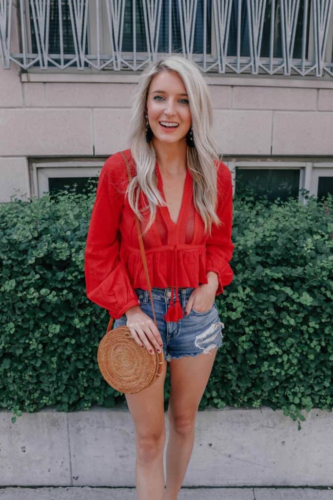 jean shorts, denim shorts, jean shorts outfit, jeans shorts high waisted, jean shorts 2018, denim shorts outfit summer, denim shorts street style, red crop top, red crop top outfit, crop top outfits, crop tops, crop top outfits summer, Prada & Pearls, Fashion blogger, round rattan bag