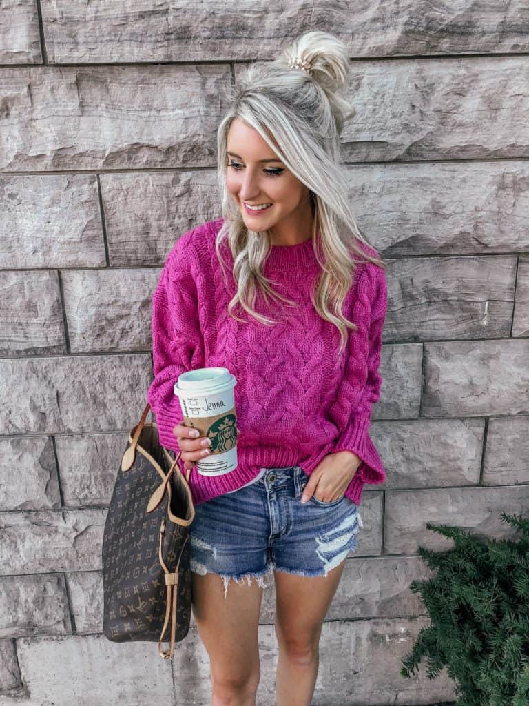 hot pink sweater, hot pink outfit, pink sweater, pink sweater outfit, pink sweater street style, fall sweater, fall sweater outfit, fall sweater outfit 2018, fashion blogger, prada & pearls, half knot hair, half knot long hair, starbucks