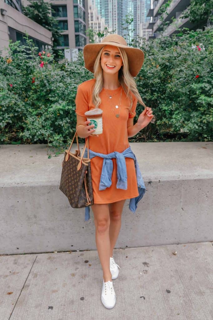 t-shirt dress, tshirt dress, t-shirt dresses, orange dress, fall dresses, fedora, felt hat outfit, Louise Vuitton never full, tshirt dress outfit, tshirt dress outfit fall, tshirt dress fall, starbucks drinks, Prada & Pearls, Fashion Blogger