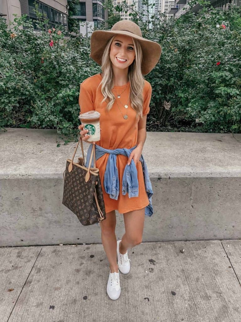 t-shirt dress, tshirt dress, t-shirt dresses, orange dress, fall dresses, fedora, felt hat outfit, Louise Vuitton never full, tshirt dress outfit, tshirt dress outfit fall, tshirt dress fall, starbucks drinks, Prada & Pearls, Fashion Blogger