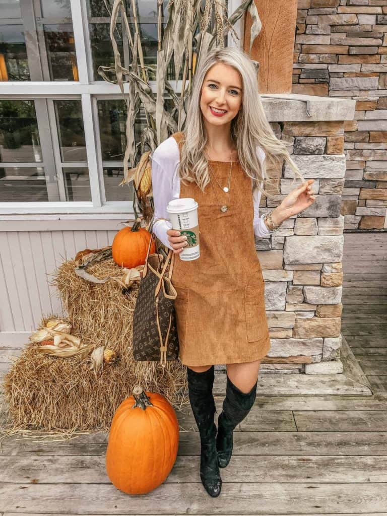 fall outfit, fall outfit women, fall outfit 2018, fall sweater, fall sweaters women, fall sweaters 2018, casual look, casual outfit, casual outfit fall, casual outfit women, fall dresses, fall dress, corduroy dress, fall fashion, 18 fall outfits, fashion blogger, prada & pearls, fall outfits, fall outfit ideas, OTK boots, OTK boot outfit black, OTK boot outfit fall