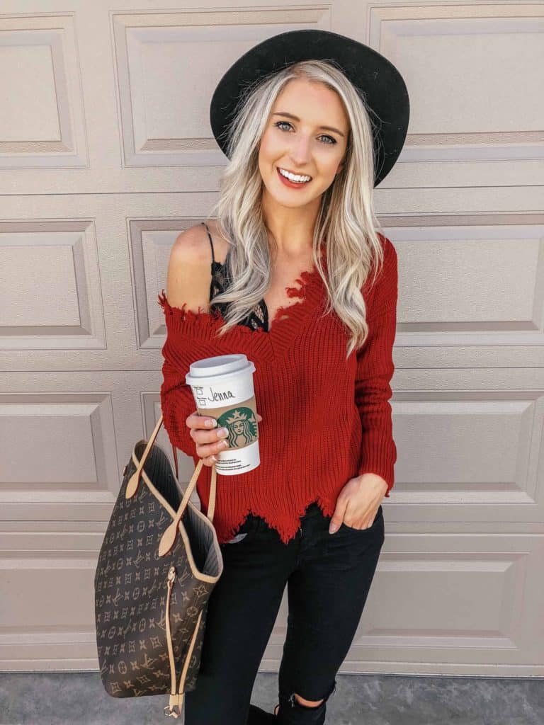 red sweater, ripped sweater, ripped hem sweater, fedora hat, starbucks, winter outfit women, winter look, winter style, winter style women, prada and pearls, fashion blogger