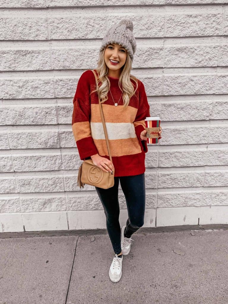 winter outfit, winter fashion, winter outfits, winter outfits cold, winter outfits casual, winter outfits canada, sweaters, sweater outfits, striped sweater, casual outfit, street style, leggings outfit, legging outfit, leggings outfit winter, gucci disco, pom pom beanie, starbucks cup, prada and pearls, fashion blogger