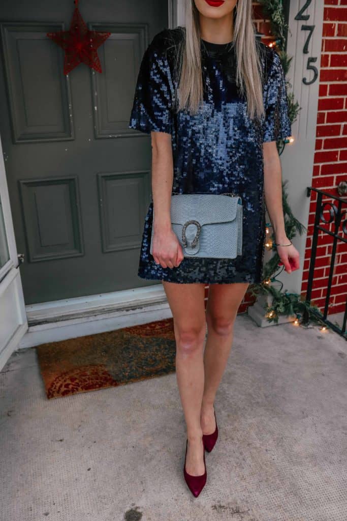 party look, holiday party outfit, holiday 2018 outfit, holiday outfits christmas, holiday outfits, holiday party outfit 2018, sequin dress, sequin dress short, sequin dress party, NYE outfit, suede shows, suede heels, designer dupe, designer dupe bag, designer dupes fashion, prada and pearls, fashion blogger