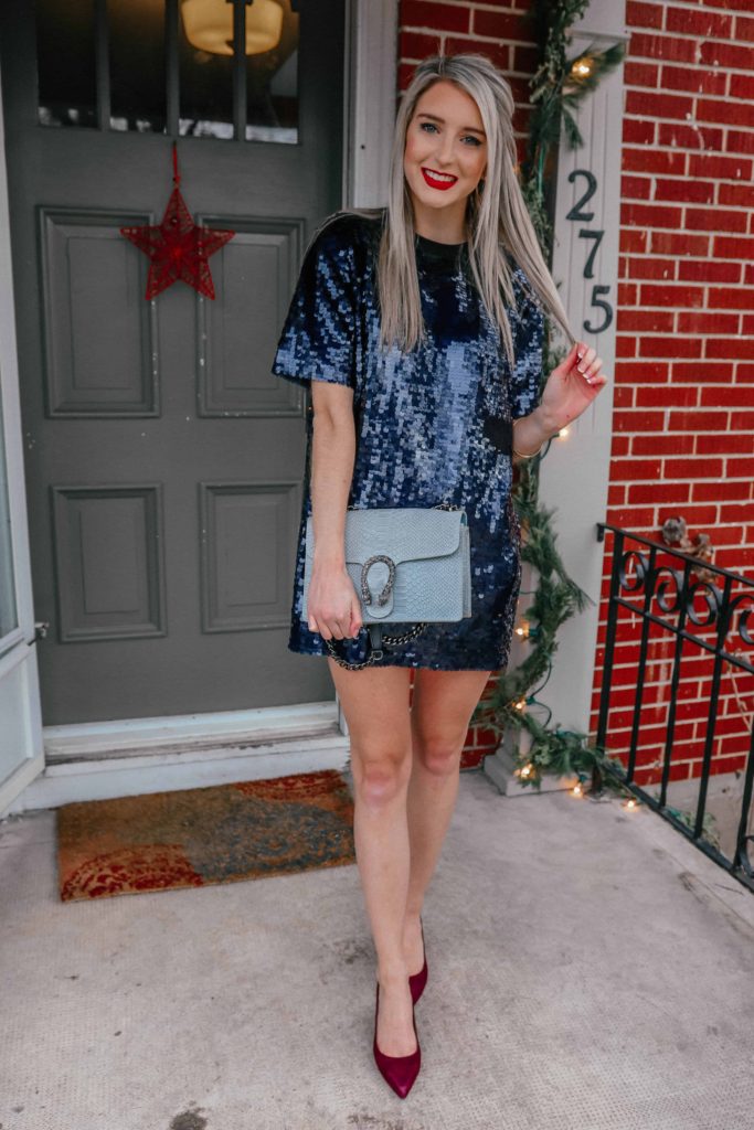 party look, holiday party outfit, holiday 2018 outfit, holiday outfits christmas, holiday outfits, holiday party outfit 2018, sequin dress, sequin dress short, sequin dress party, NYE outfit, suede shows, suede heels, designer dupe, designer dupe bag, designer dupes fashion, prada and pearls, fashion blogger