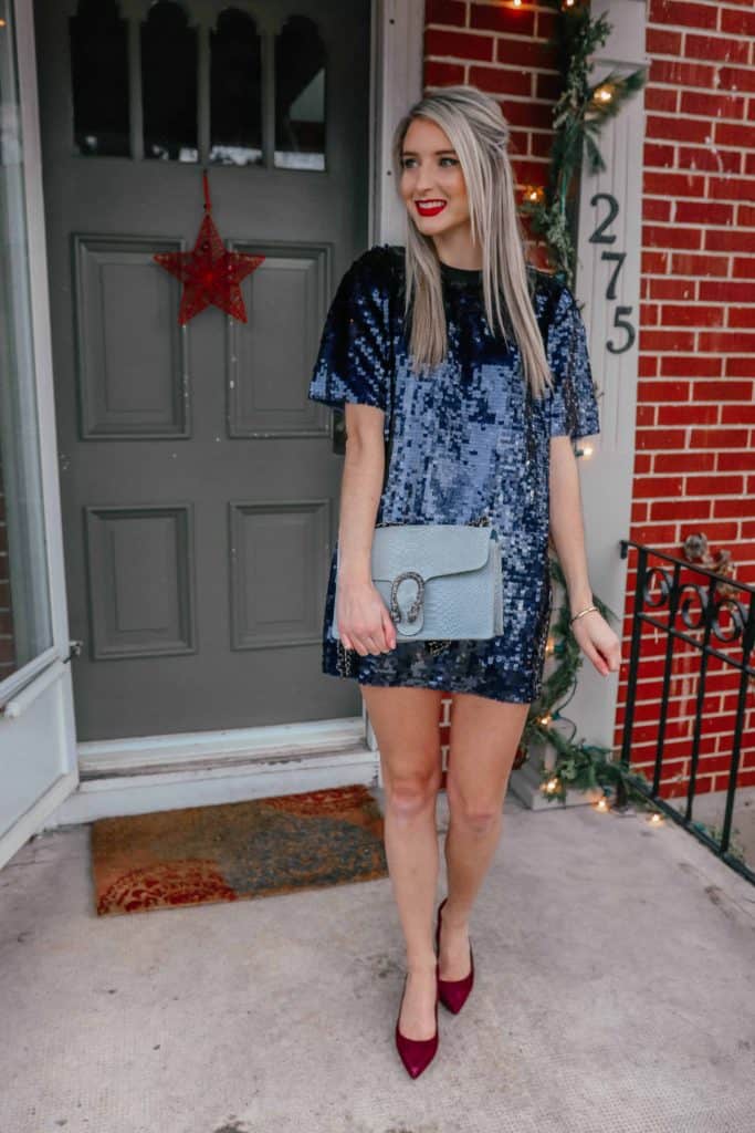 party look, holiday party outfit, holiday 2018 outfit, holiday outfits christmas, holiday outfits, holiday party outfit 2018, sequin dress, sequin dress short, sequin dress party, NYE outfit, suede shows, suede heels, designer dupe, designer dupe bag, designer dupes fashion, prada and pearls, fashion blogger