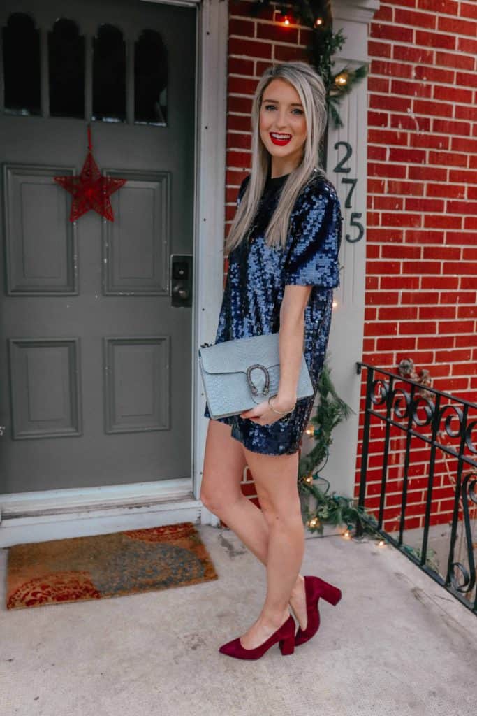 party look, holiday party outfit, holiday 2018 outfit, holiday outfits christmas, holiday outfits, holiday party outfit 2018, sequin dress, sequin dress short, sequin dress party, NYE outfit, suede shows, suede heels, designer dupe, designer dupe bag, designer dupes fashion, prada and pearls, fashion blogger