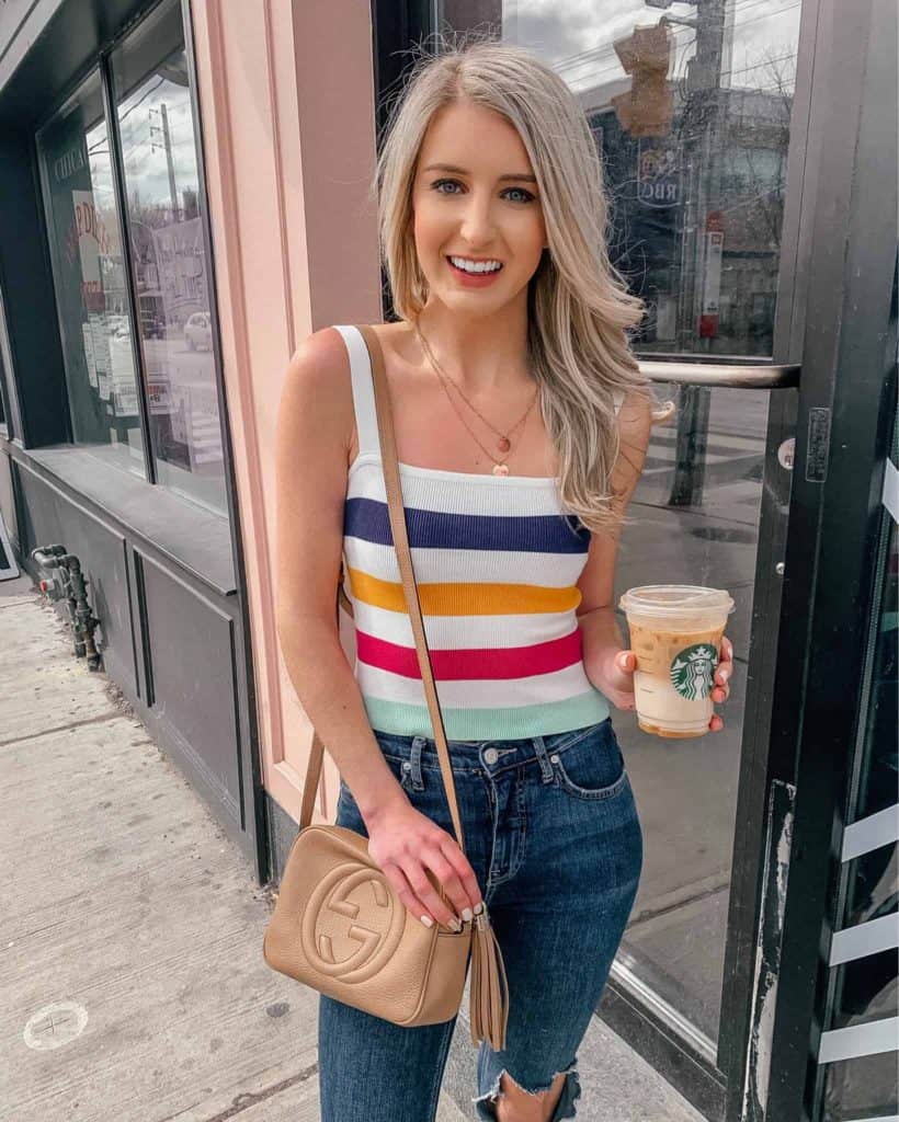 spring outfit, spring outfits women, spring 2019 outfits, spring style, spring street style spring style casual, rainbow top, rainbow top outfit, striped top, striped tank, gucci bag, disco bag, starbucks coffee, blonde hair, striped tops, striped tops for women, striped top outfit summer, summer outfit, prada and pearls, fashion blogger