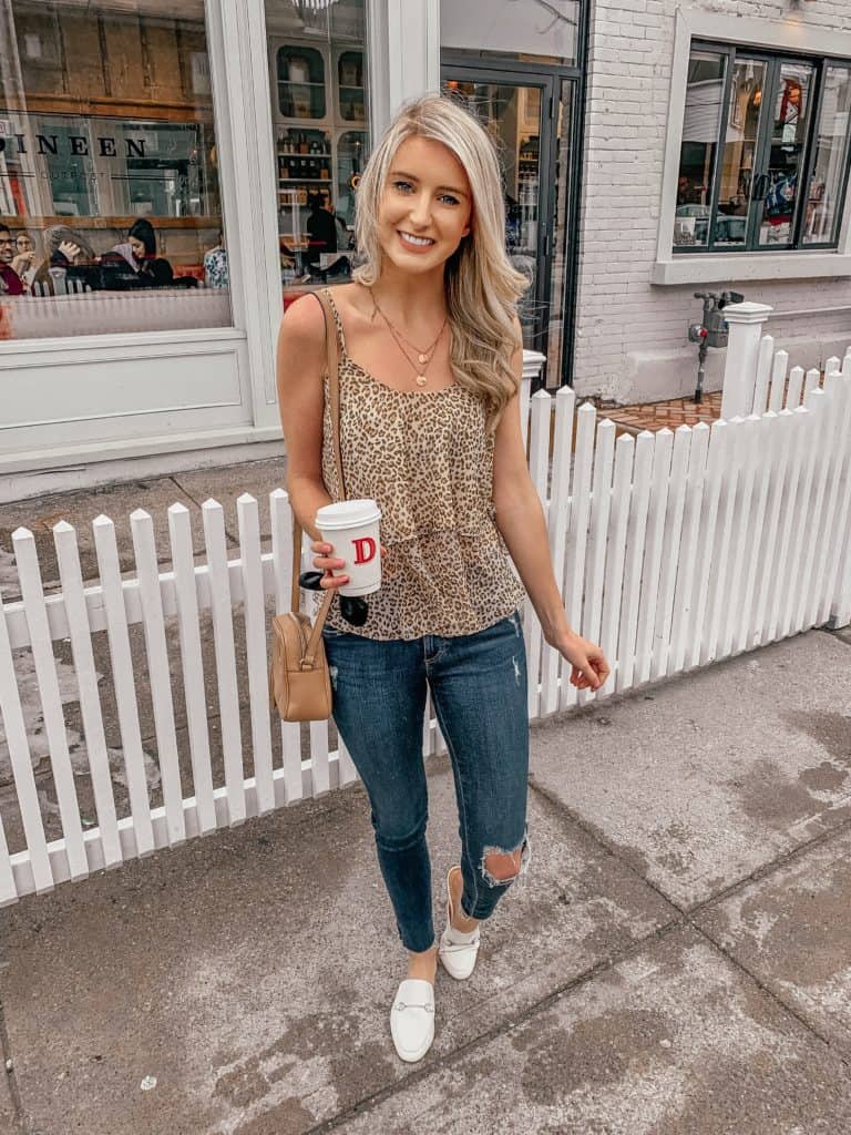 spring outfit, spring outfits women, spring 2019 outfits, spring style, spring street style spring style casual, leopard cami, leopard print, leopard top, leopard top outfit, leopard cami, leopard tank, casual outfit, prada and pearls, fashion blogger, white loafers , white loafer outfit, 