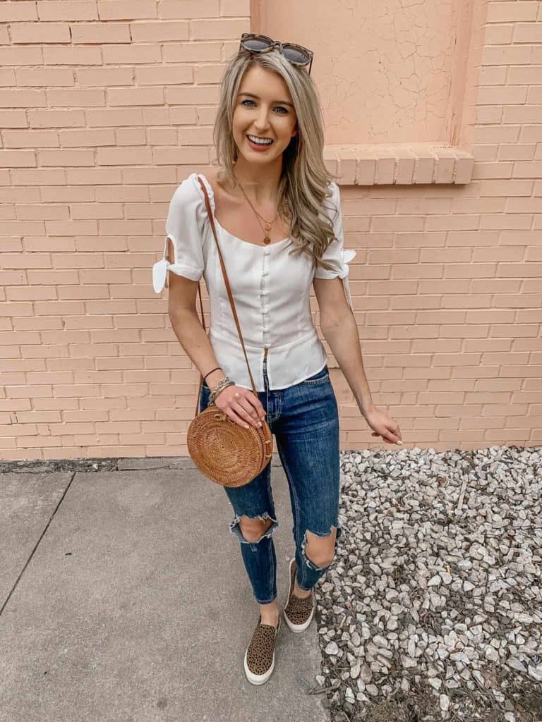 spring outfit, spring outfits women, spring 2019 outfits, spring style, spring street style spring style casual, white top, white button up top, white tops, white top outfit, blonde hair, button up shirt, button up blouse, spring fashion, prada and pearls, fashion blogger, rattan bag, rattan bag outfit, leopard shoes