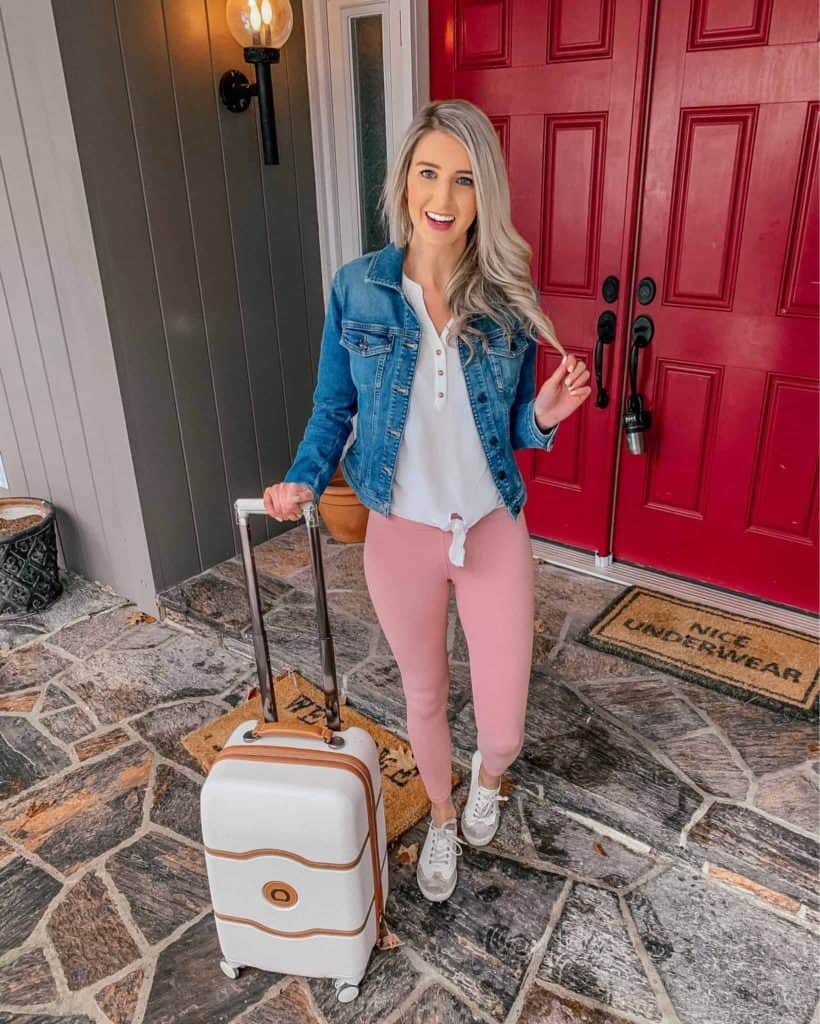 spring outfits, spring outfit, spring outfit 2019, leggings outfit spring, leggings outfit, pink leggings, travel outfit, travel style, travel outfits spring, travel outfits, delsey luggage, denim jacket outfit, prada and pearls, fashion blogger