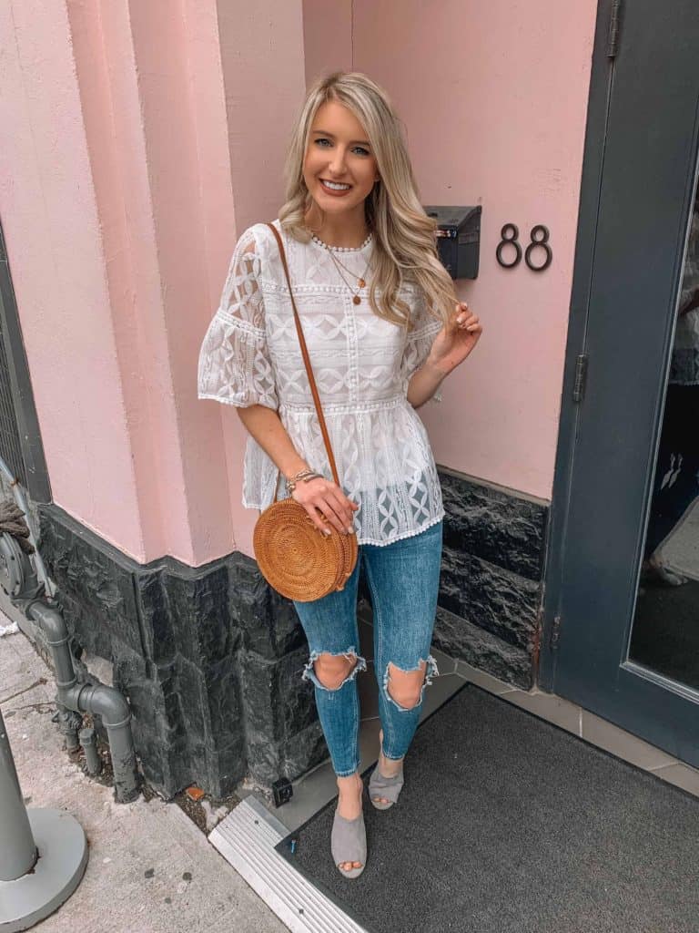lace top, lace top outfit, white lace top, white lace top outfit, spring outfit, spring outfits, spring outfits women, spring outfits 2019, spring outfits casual, rattan bag outfit, rattan bag, blonde hair, spring outfit casual, white spring top, spring style, spring style 2019, prada and pearls, fashion blogger