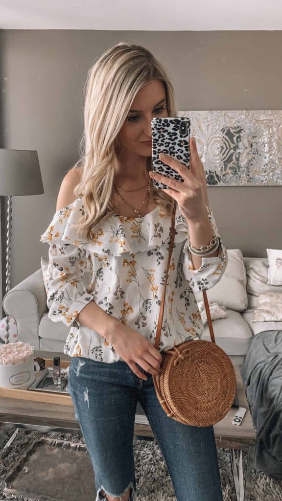 spring outfit, spring outfits, spring outfits women, spring outfits 2019, spring style, spring style women, street style, rattan bag, rattan bag outfit, floral top, floral top outfit, floral tops and jeans, floral top spring, cold shoulder, cold shoulder tops, cold shoulder outfit, mirror selfie, leopard phone case, prada and pearls, fashion blogger