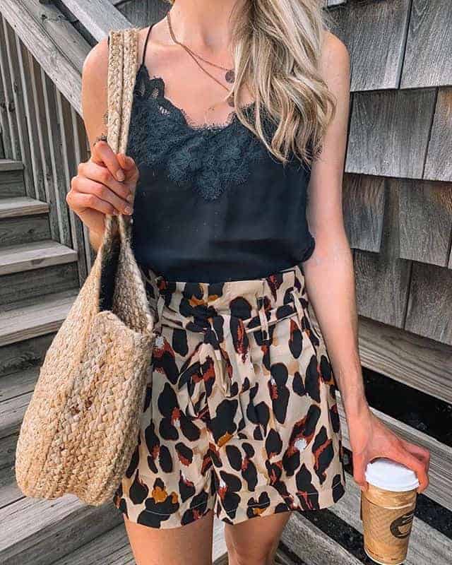 paperbag shorts, summer outfits women, summer outfits 2019, shorts outits women, shorts pattern, patterned shorts, paperbag, paperbag shorts outfit, paperbag shorts outfit summer, leopard shorts, leopard shorts outfit, leopard shorts outfit summer, black cami, black cami outfit, summer outfit, rattan bag, fashion blogger, prada and pearls 