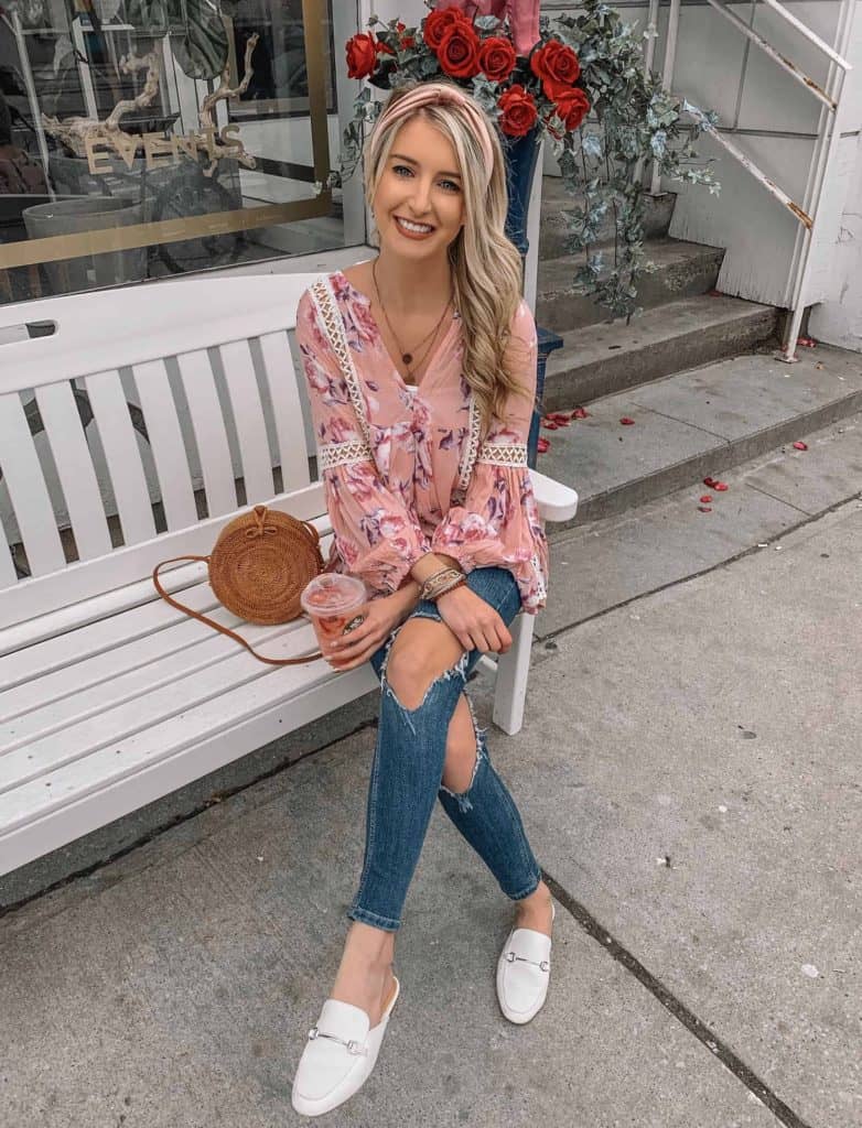 tunic, tunic top, tunic pattern, tunic outfit, tunic floral, floral tops, floral top outfit, floral top and jeans, floral top spring, white loafers, rattan bag, rattan bag outfit, spring outfit, spring outfits, spring outfits women, spring outfits women 2019, spring outfits casual, spring style, spring style 2019, spring style women, blonde hair, pink top. pink top outfit, prada and pearls, fashion blogger 