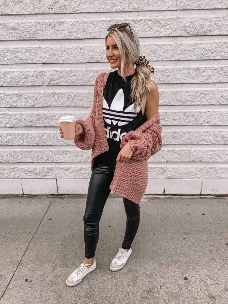 leopard scrunchie, athleisure, athleisure outfits, athleisure outfits fall, athleisure capsule wardrobe, adidas tank, adidas trefoil tank, street style, prada and pearls, fashion blogger, faux leather leggings, pink cardigan, athletic wear, athleisure women