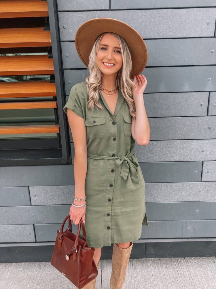 fall outfit, fall outfits, cute fall outfits, fall outfit 2020, casual fall outfits, green utility dress, utility dress outfit, midi boot outfit, trendy fall outfit, old navy outfits, fall fashion, fall fashion 2020, fall fashion trends, Prada & Pearls