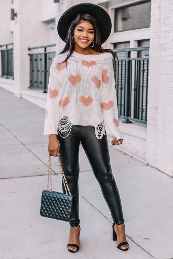 valentines day, Valentine's Day outfits, valentines outfits, valentines outfit ideas, valentines day outfits, valentines day outfits for women, valentines day outfits date, heart sweater, heart sweater outfit, heart sweater women, leggings outfit