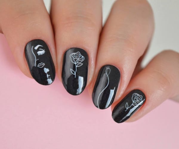 best stick on nail polish, stick on nail polish, press on nails, black nails, floral nail designs, abstract nail designs