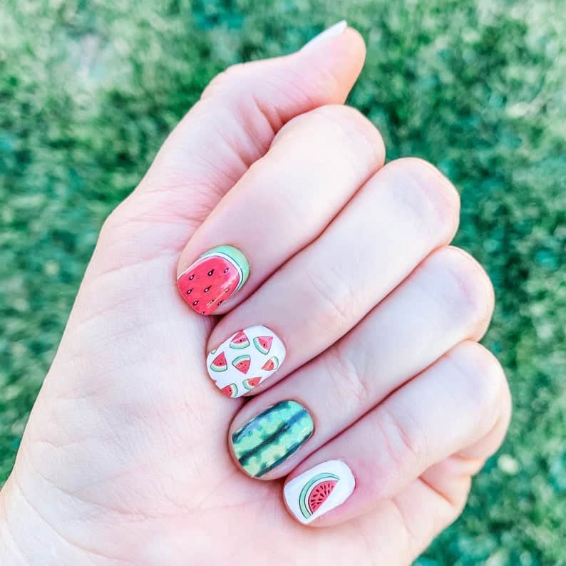 watermelon nails, summer nails, pink nail designs, fruit nail designs, stick on nail polish, press on nails, stick on nails, stick on nails designs