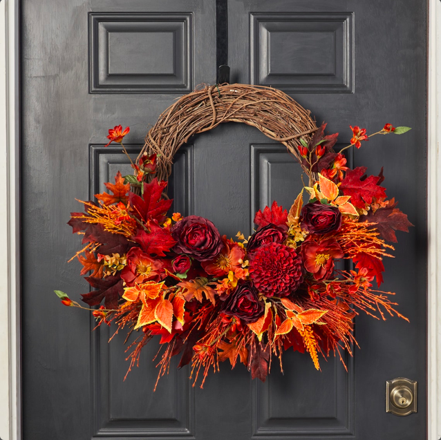 fall wreath, fall wreaths, fall wreaths for front door, fall wreath ideas DIY, fall wreath ideas, autumn wreaths, autumn wreath diy, autumn wreath or front door, orange floral wreath, red floral wreath