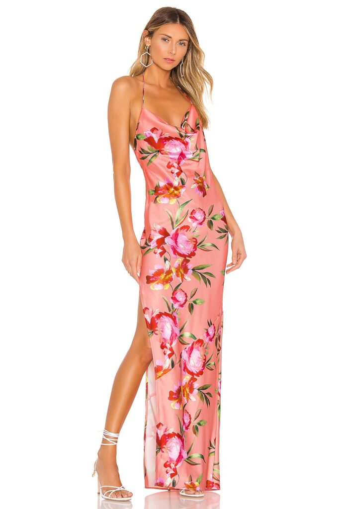 Floral Dresses To Wear To A Wedding, floral dresses, wedding guest dress, wedding guest looks, wedding guest outfit, wedding guest dress spring, wedding guest dress summer, wedding guest outfit summer, wedding guest outfit spring, wedding guest dresses long, pink dress outfit, pink dress, pink floral dress, satin dress