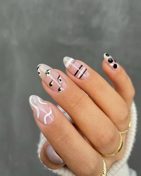 Y2K nails, y2k nails acrylic, y2k nails acrylic long, y2k acrylic short, y2k nails simple, y2k nail designs, y2k nail art, y2k nail ideas, y2k nails simple, evil eye nails, abstract nails, black and white nails, black and white nails ideas