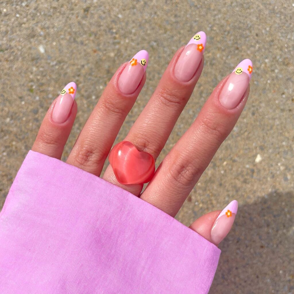 Y2K nails, y2k nails acrylic, y2k nails acrylic long, y2k acrylic short, y2k nails simple, y2k nail designs, y2k nail art, y2k nail ideas, y2k nails simple, smiley face nails, pink nails, Y2k nails pink, french tip nails