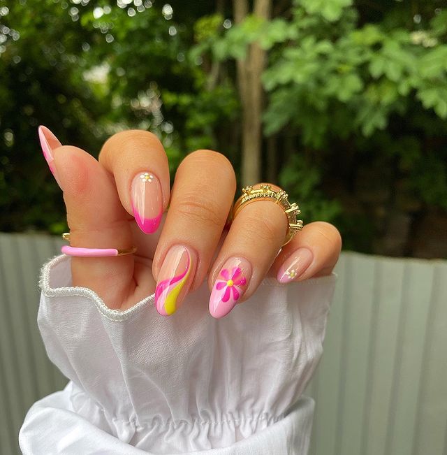 Y2K nails, y2k nails acrylic, y2k nails acrylic long, y2k acrylic short, y2k nails simple, y2k nail designs, y2k nail art, y2k nail ideas, y2k nails simple, Y2k nails pink, swirl nails, floral nails, almond nails pink