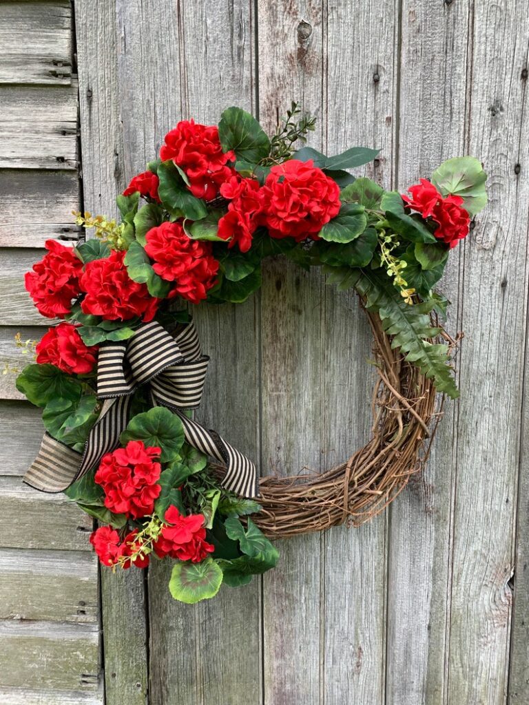 floral wreaths, floral wreaths for front door, floral wreath decor ideas, wreaths for front door, wreath ideas, wreath ideas summer, red wreath, red wreath ideas, geranium wreath