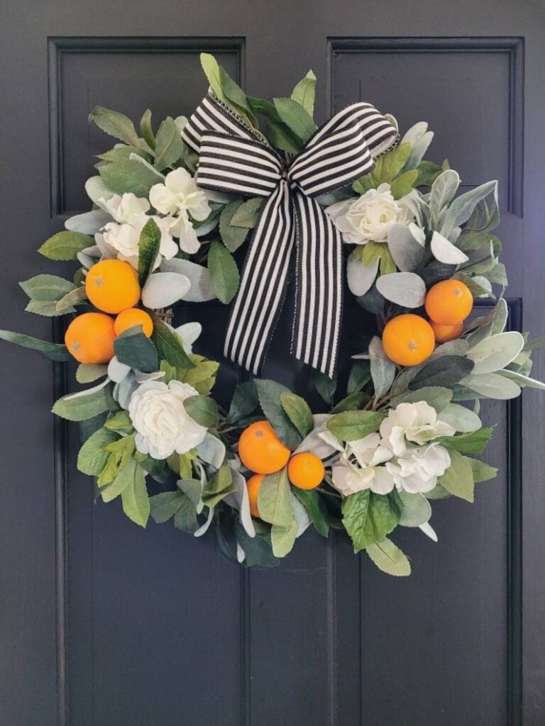floral wreaths, floral wreaths for front door, floral wreath decor ideas, wreaths for front door, wreath ideas, wreath ideas summer, fruit wreath, tangerine wreath
